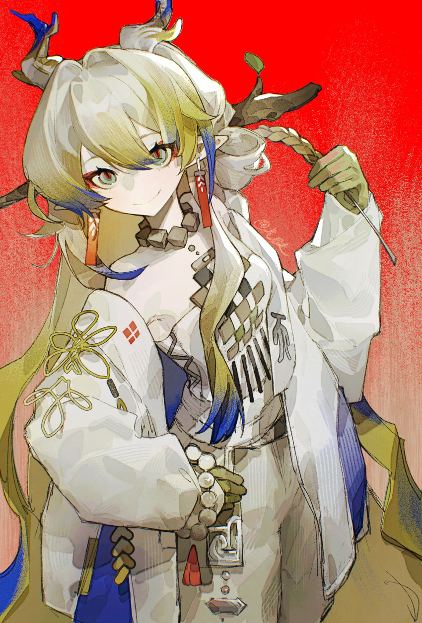 1girl arknights bare_shoulders blue_eyes blue_hair branch closed_mouth cowboy_shot dragon_girl dragon_horns eyeliner from_side green_hair grey_hair hair_between_eyes hair_intakes hair_ornament hair_stick hand_on_own_hip hand_up highres holding holding_plant horns huagu_ling_lou jacket jewelry leaning_back long_sleeves looking_at_viewer makeup multicolored_hair necklace open_clothes open_jacket pants plant red_background red_eyeliner red_pupils rice_(plant) shirt shu_(arknights) sidelocks simple_background smile solo strapless strapless_shirt streaked_hair white_jacket white_pants white_shirt
