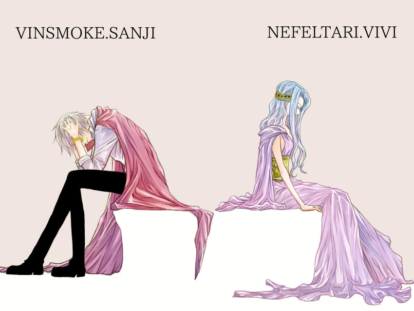 1boy 1girl aotosironos blonde_hair blue_hair cape character_name closed_eyes commentary dress english_commentary from_side hair_ornament highres long_hair nefertari_vivi one_piece red_cape sanji_(one_piece) shirt short_hair sitting sleeveless white_shirt