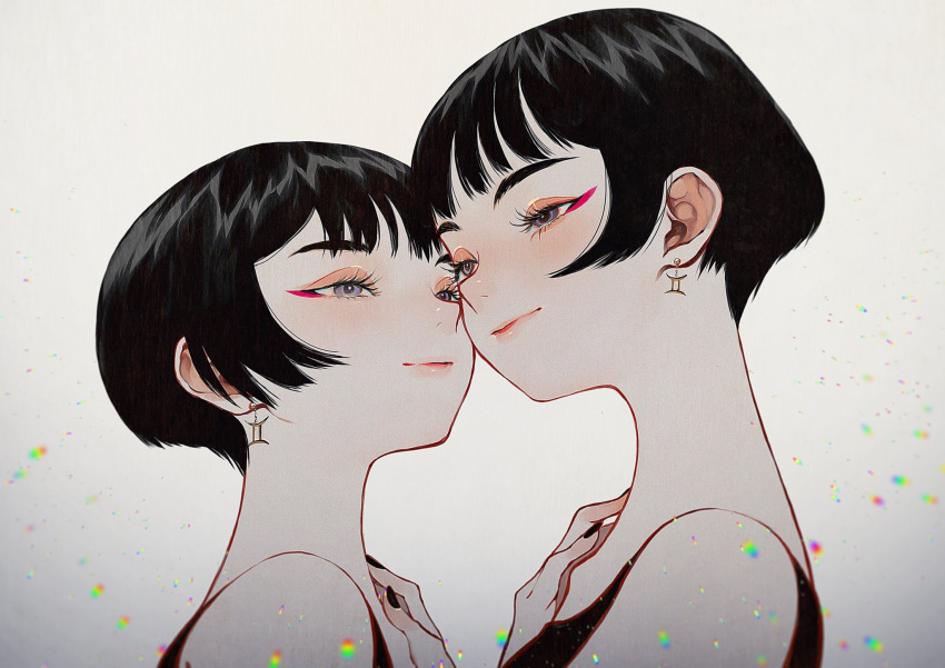 2girls bare_shoulders black_hair black_nails cheek-to-cheek closed_mouth collarbone commentary earrings eyelashes eyeliner eyeshadow from_side gemini_(symbol) gemini_(zodiac) hand_on_another's_shoulder heads_together highres jewelry light_particles lipstick looking_at_another looking_to_the_side makeup multiple_girls nail_polish original pixie_cut portrait short_hair siblings sidelocks sisters sleeveless smile symbol-only_commentary twins very_short_hair violet_eyes white_background yumeko_(yumeyana_g) zodiac
