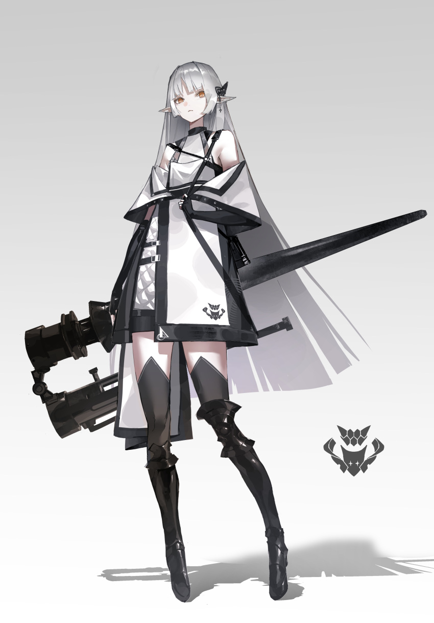 1girl absurdres black_footwear black_trim boots butterfly_hair_ornament commentary dress grey_hair gun hair_ornament highres holding holding_gun holding_weapon long_hair orange_eyes original pointy_ears solo standing tachi-e tkg_(user_vnht7438) very_long_hair weapon white_dress