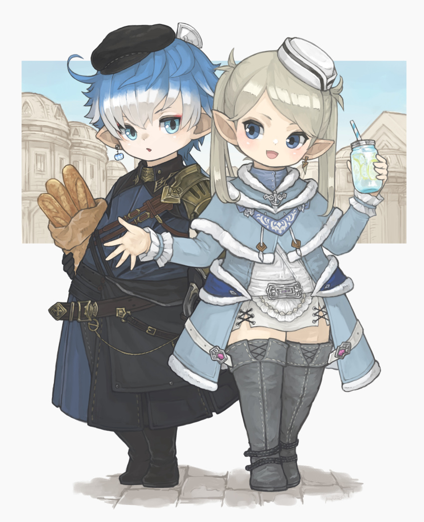 1boy 1girl absurdres bag baguette belt black_footwear blonde_hair blue_capelet blue_coat blue_eyes blue_hair blue_jacket boots bread capelet cityscape coat cobblestone commission drinking_straw earrings final_fantasy final_fantasy_xiv flat_cap flat_chest food full_body gauntlets grey_footwear hair_between_eyes hat highres holding holding_bag holding_jar jacket jar jewelry lalafell lemonade long_hair looking_at_another looking_at_viewer looking_to_the_side mini_hat multicolored_hair open_mouth pointy_ears puluie scrunchie shirt simple_background single_earring single_gauntlet skirt smile thigh_boots two-tone_hair very_long_hair white_hair white_headwear white_shirt white_skirt wrist_scrunchie zettai_ryouiki
