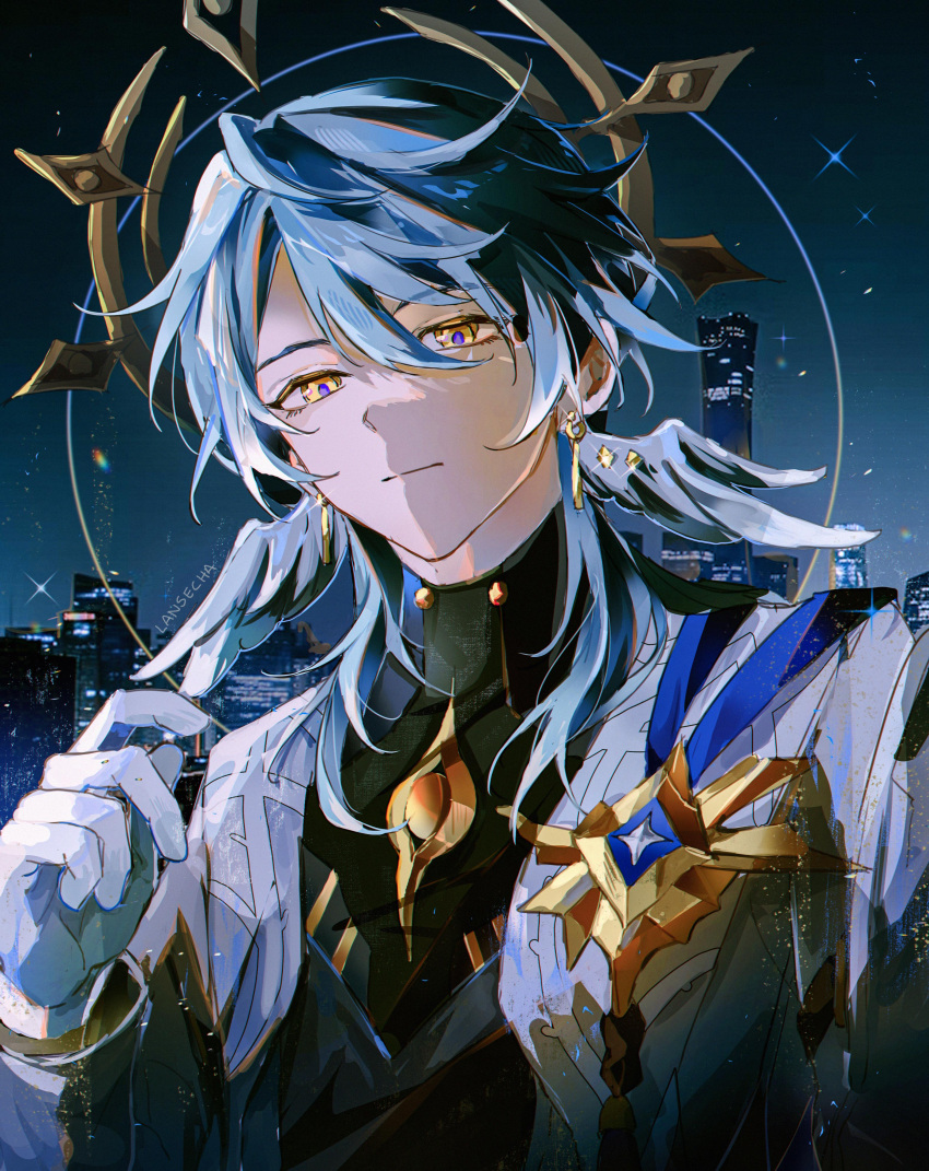 1boy absurdres cityscape closed_mouth earrings gloves grey_hair halo head_wings highres honkai:_star_rail honkai_(series) jewelry lansecha male_focus short_hair solo sunday_(honkai:_star_rail) upper_body white_gloves white_wings wings yellow_eyes