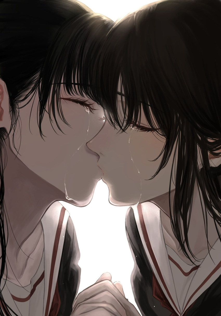 2girls black_hair brown_hair character_request closed_eyes collarbone commentary_request copyright_request crying highres holding_hands kiss long_hair multiple_girls neckerchief red_neckerchief sailor_collar school_uniform serafuku simple_background tsukishiro0814 upper_body white_background white_sailor_collar yuri