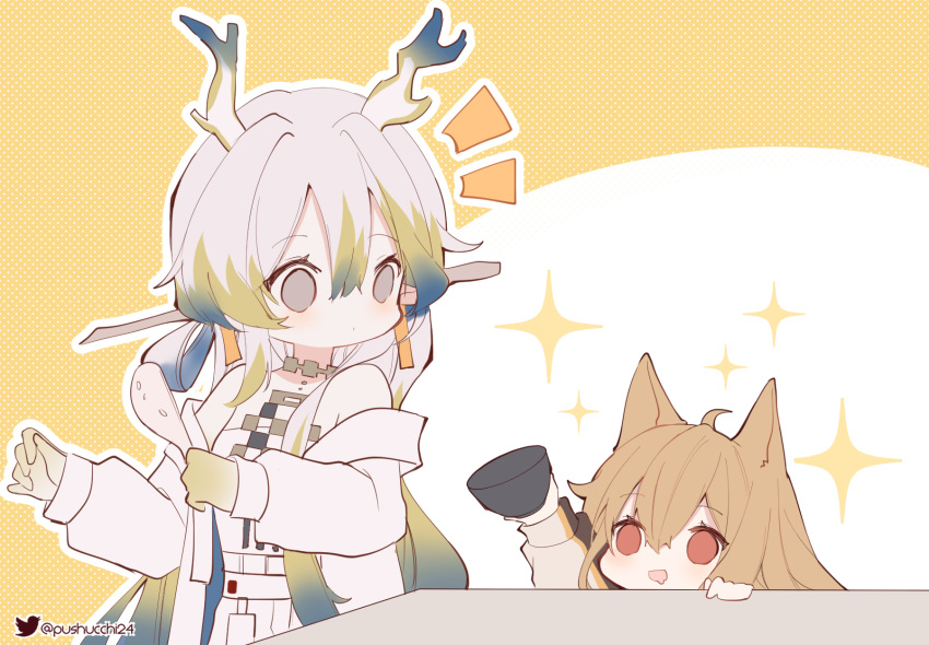 2girls animal_ears arknights blonde_hair blue_hair bowl ceobe_(arknights) chibi colored_skin commentary dog_ears dog_girl dragon_girl dragon_horns dress drooling empty_eyes english_commentary grey_eyes grey_hair hair_ornament hairpin highres holding holding_bowl holding_paddle horns jacket jewelry looking_at_another looking_up multicolored_hair multiple_girls necklace open_mouth outline paddle pushu red_eyes shamoji shu_(arknights) simple_background sparkle surprised table three_quarter_view twitter_logo twitter_username two-tone_background white_background white_dress white_jacket yellow_background yellow_skin