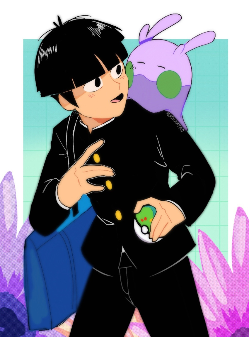 1boy bag black_eyes black_hair black_pants bowl_cut closed_eyes commentary creature creature_on_shoulder crossover english_commentary friend_ball gakuran goomy grid_background highres holding holding_poke_ball kageyama_shigeo long_sleeves male_focus mob_psycho_100 on_shoulder open_mouth pants poke_ball pokemon pokemon_(creature) school_bag school_uniform short_hair smile standing yescilantro