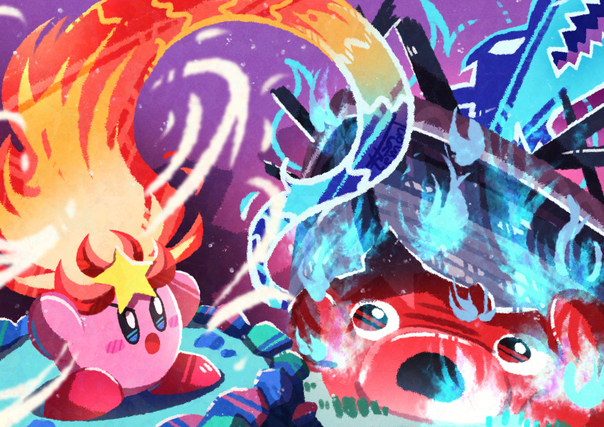 absurdres blue_fire blush_stickers character_request colored_skin copy_ability dragon fire highres kirby kirby's_return_to_dream_land kirby_(series) monster_flame no_humans open_mouth pink_skin shipwreck star_(symbol) tentacles watawata22