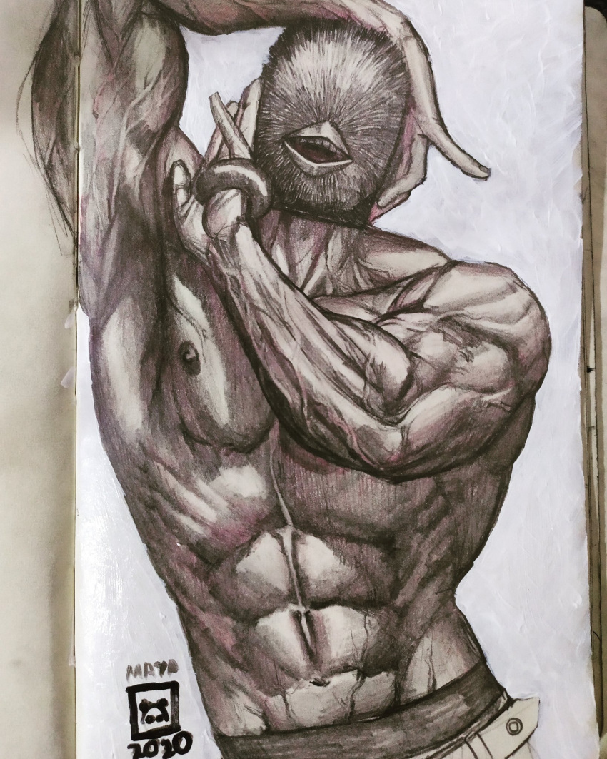 1boy abs bird_mask chota dorohedoro fabulous graphite_(medium) highres large_pectorals male_focus mask maya_panda muscular muscular_male navel nipples no_eyes pectorals photo_(medium) shredded_muscles solo stomach topless_male traditional_media upper_body veins veiny_arms