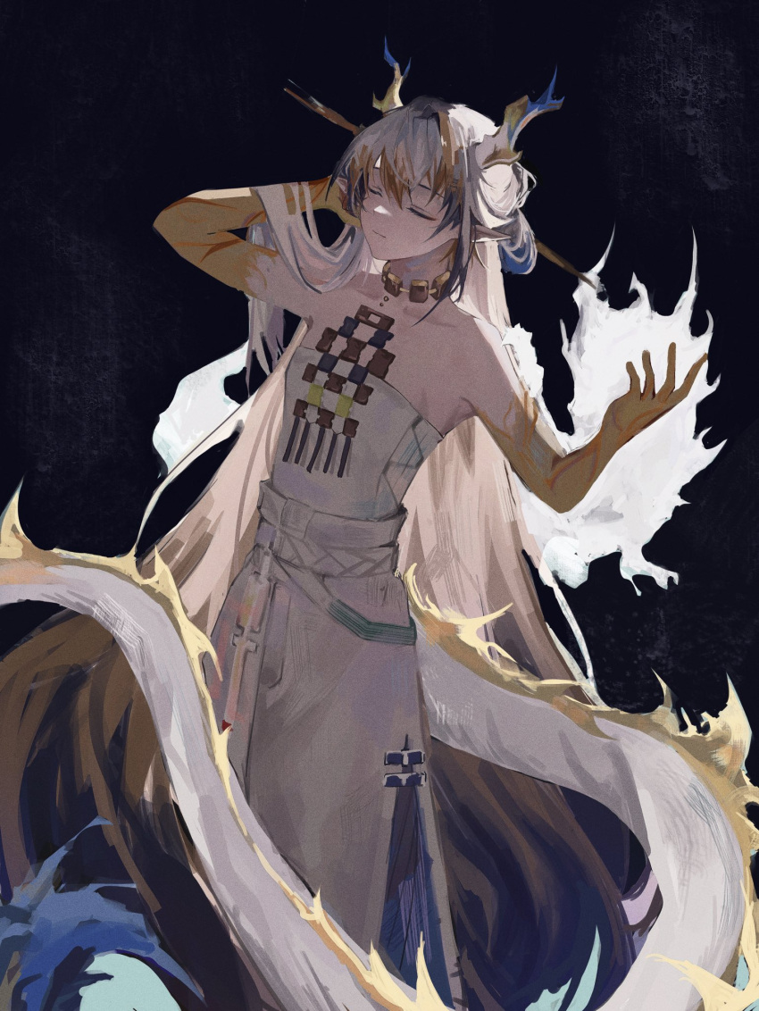 1girl arknights black_background blonde_hair blue_hair closed_eyes colored_skin dragon_girl dragon_horns dragon_tail elyzerda frown grey_hair hair_ornament hairpin hand_up highres horns jewelry long_hair multicolored_hair necklace pants pointy_ears shirt shu_(arknights) simple_background sleeveless sleeveless_shirt solo tail very_long_hair white_pants white_shirt yellow_skin