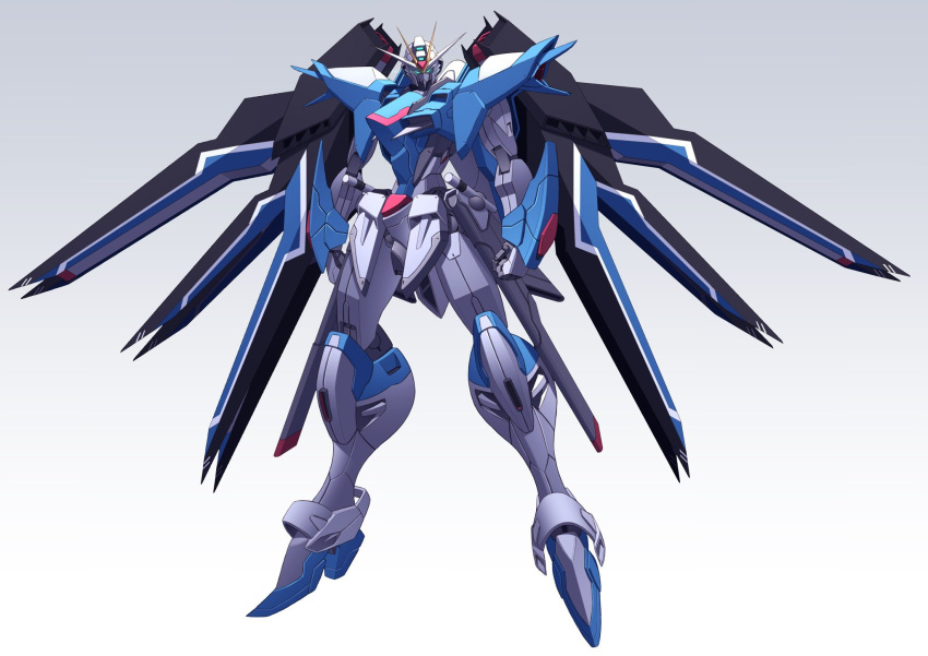 arms_at_sides clenched_hands commentary full_body green_eyes gundam gundam_seed gundam_seed_freedom highres ka_ki_o legs_apart looking_at_viewer mecha mechanical_wings mobile_suit no_humans redesign rising_freedom_gundam robot science_fiction simple_background solo standing v-fin white_background wings