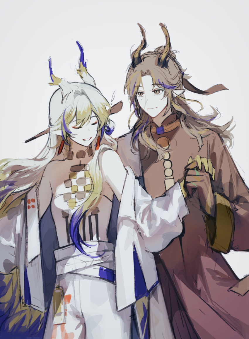1boy 1girl arknights bare_shoulders blonde_hair blue_hair brother_and_sister brown_eyes brown_hair brown_shirt closed_eyes cowboy_shot dancing dragon_boy dragon_girl dragon_horns earrings eyeliner facing_another grey_hair hair_intakes highres holding_hands horns jacket jewelry long_hair long_sleeves makeup multicolored_hair necklace off_shoulder open_clothes open_jacket pants parted_bangs pointy_ears red_eyeliner shirt shu_(arknights) siblings sidelocks simple_background sixi9359 strapless strapless_shirt streaked_hair tassel tassel_earrings waltz_(dance) white_background white_jacket white_pants white_shirt zhi_(arknights)