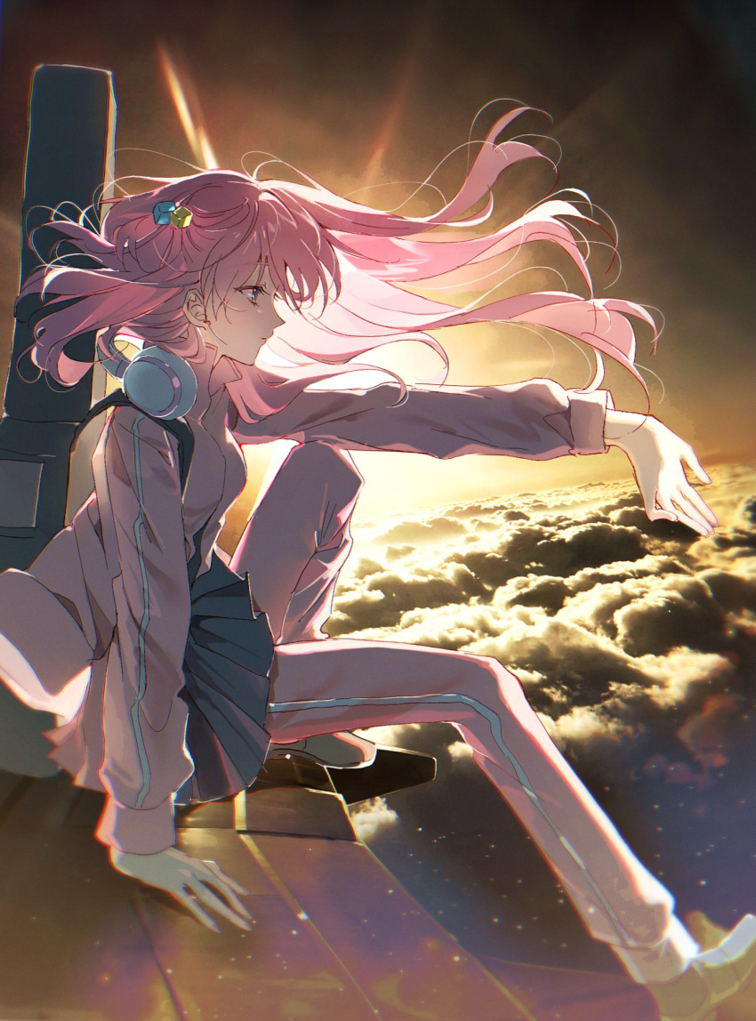 1girl backlighting bccommi blue_eyes bocchi_the_rock! closed_mouth clouds commentary_request cube_hair_ornament floating_hair gotoh_hitori grey_skirt hair_ornament headphones headphones_around_neck highres instrument_case instrument_on_back jacket knee_up long_hair one_side_up outstretched_arm pants pink_hair pink_jacket pink_pants pink_track_suit pleated_skirt school_uniform sitting skirt sky solo sun