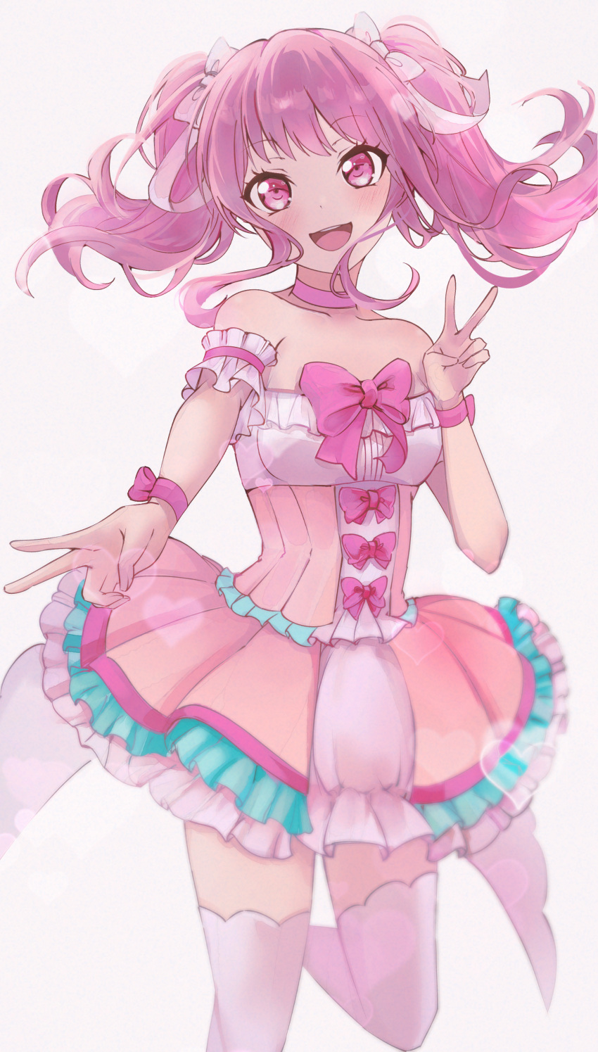 1girl absurdres armband bang_dream! blush bow choker collarbone commentary double_v dress frilled_armband frilled_dress frills hair_bow heart highres looking_at_viewer maruyama_aya onmoynn open_mouth pink_bow pink_choker pink_dress pink_eyes pink_hair pink_theme simple_background smile solo standing standing_on_one_leg teeth thigh-highs thighs underbust upper_teeth_only v white_background white_thighhighs wrist_bow