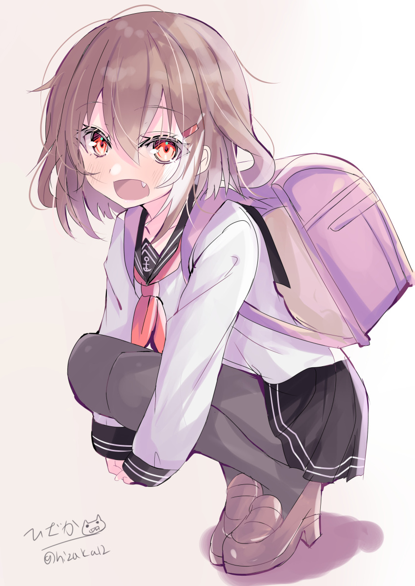 1girl absurdres anchor_symbol backpack bag black_pantyhose black_sailor_collar black_skirt brown_footwear brown_hair fang gradient_background highres hizaka hugging_own_legs ikazuchi_(kancolle) kantai_collection loafers long_sleeves neckerchief one-hour_drawing_challenge open_mouth pantyhose pleated_skirt randoseru red_eyes red_neckerchief sailor_collar school_uniform serafuku shoes short_hair skirt solo squatting white_background