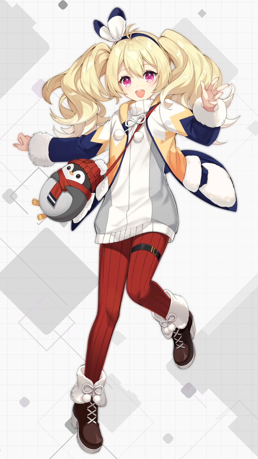 1girl :d animal_bag ankle_boots bag blonde_hair blue_hairband blue_jacket boots bow bow_hairband brown_footwear dress full_body fur-trimmed_boots fur-trimmed_jacket fur_trim girl_cafe_gun grid_background hair_bow hairband highres jacket kaanal_scott leg_up long_hair looking_at_viewer multicolored_clothes multicolored_jacket official_art outstretched_arms outstretched_hand pantyhose penguin_bag pink_eyes red_pantyhose shoulder_bag smile solo spread_arms standing standing_on_one_leg striped_clothes striped_pantyhose sweater sweater_dress teeth thigh_strap twintails two-tone_jacket upper_teeth_only vertical-striped_clothes vertical-striped_pantyhose white_background white_bow white_dress yellow_jacket