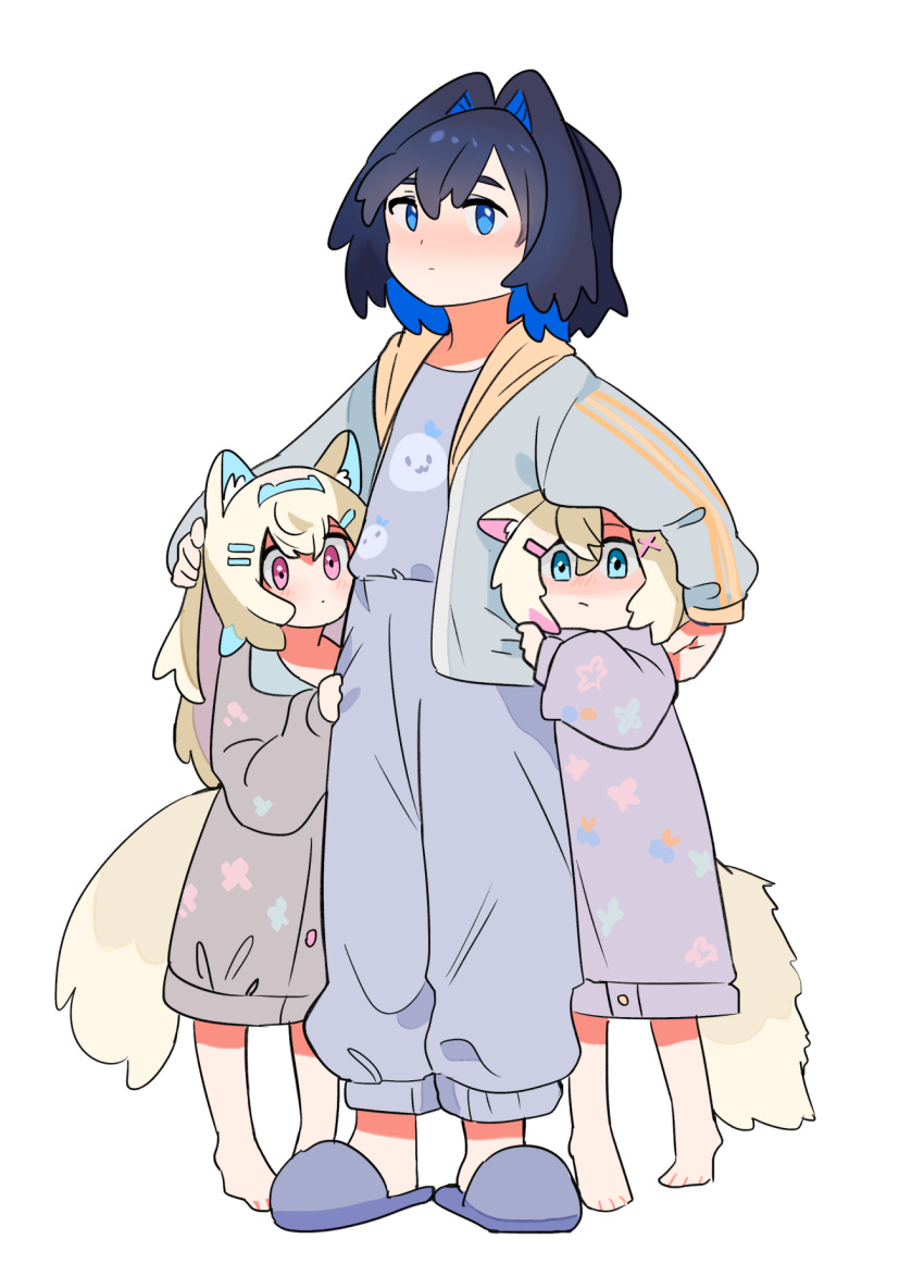 3girls aged_down animal_ear_fluff animal_ears barefoot black_hair blonde_hair blue_eyes blue_hair blue_hairband blue_jacket blue_pants blue_shirt blush closed_mouth colored_inner_hair commentary dog_ears dog_girl dog_tail dress feet fongban_illust fuwawa_abyssgard grey_dress hair_between_eyes hair_intakes hair_ornament hairband hairclip height_difference highres hololive hololive_english jacket long_hair long_sleeves looking_at_viewer mococo_abyssgard multicolored_hair multiple_girls open_clothes open_jacket ouro_kronii pajamas pants pink_eyes pink_hair purple_dress shirt short_hair simple_background sleepwear slippers standing streaked_hair symbol-only_commentary tail two-tone_hair virtual_youtuber white_background x_hair_ornament