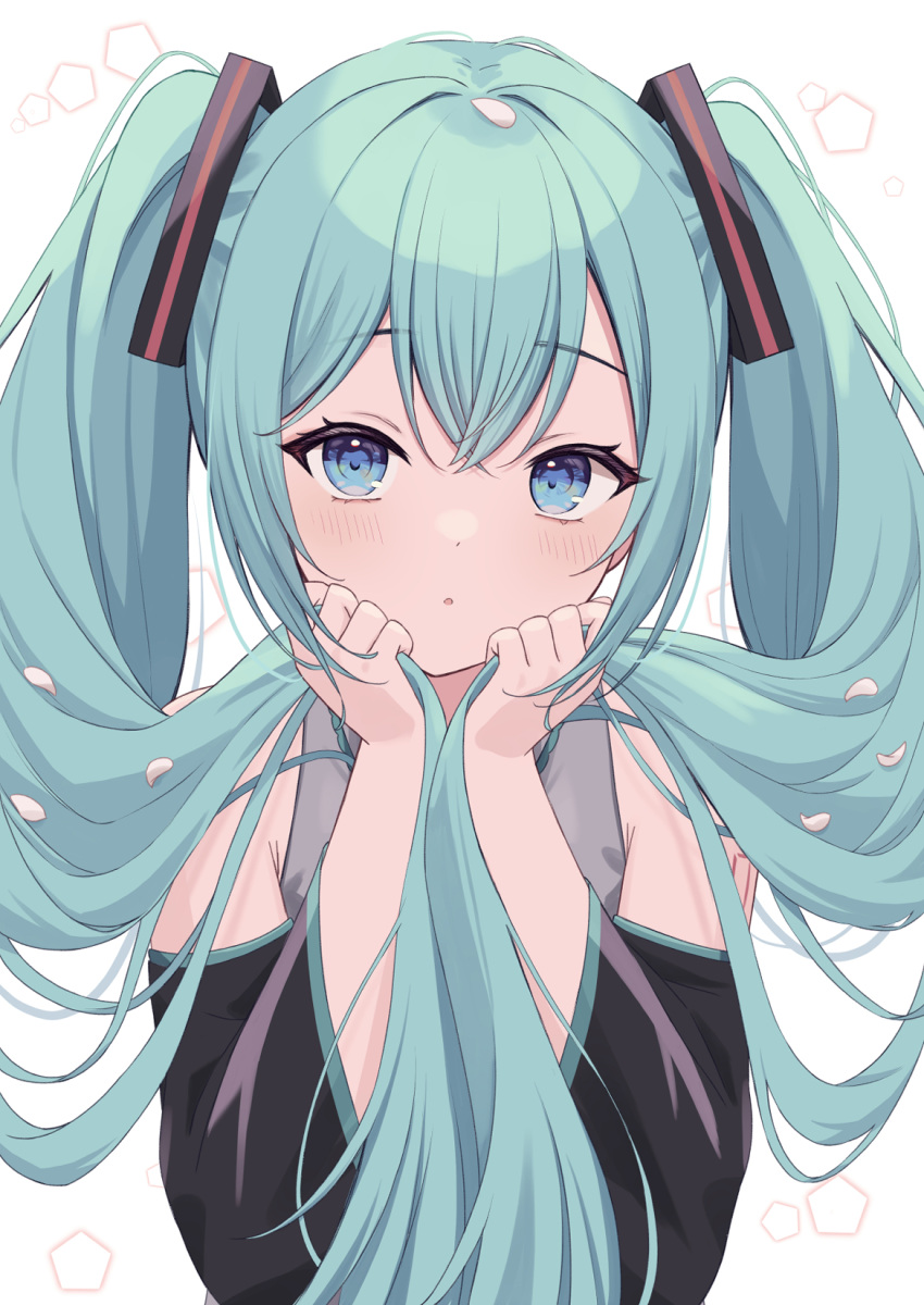 1girl bare_shoulders black_sleeves blue_eyes blush commentary crossed_bangs detached_sleeves expressionless eyelashes green_hair hair_between_eyes hands_up hatsune_miku highres holding holding_hair kamachi_(kamati0maru) long_hair looking_at_viewer parted_lips simple_background solo tsurime twintails twintails_day upper_body very_long_hair vocaloid white_background wide_sleeves