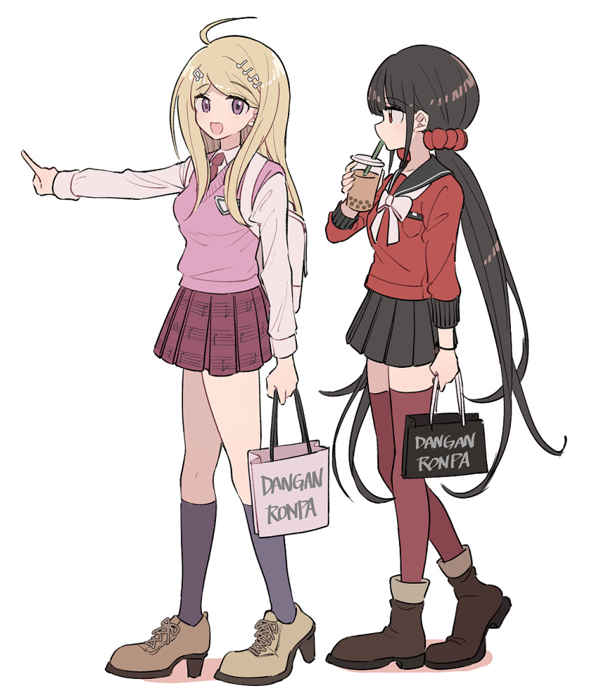 2girls ahoge akamatsu_kaede bag black_sailor_collar blonde_hair brown_hair bubble_tea copyright_name danganronpa_(series) danganronpa_v3:_killing_harmony drinking from_side full_body hair_ornament harukawa_maki highres holding holding_bag kneehighs long_hair looking_at_another low_twintails multiple_girls musical_note musical_note_hair_ornament musical_note_print necktie open_mouth pink_sweater_vest pink_vest pleated_skirt pointing profile red_eyes red_necktie red_scrunchie red_thighhighs sailor_collar school_uniform scrunchie shirt shopping_bag skirt socks sweater_vest thigh-highs twintails very_long_hair vest violet_eyes walking white_background white_shirt xiao_(grsnss25)