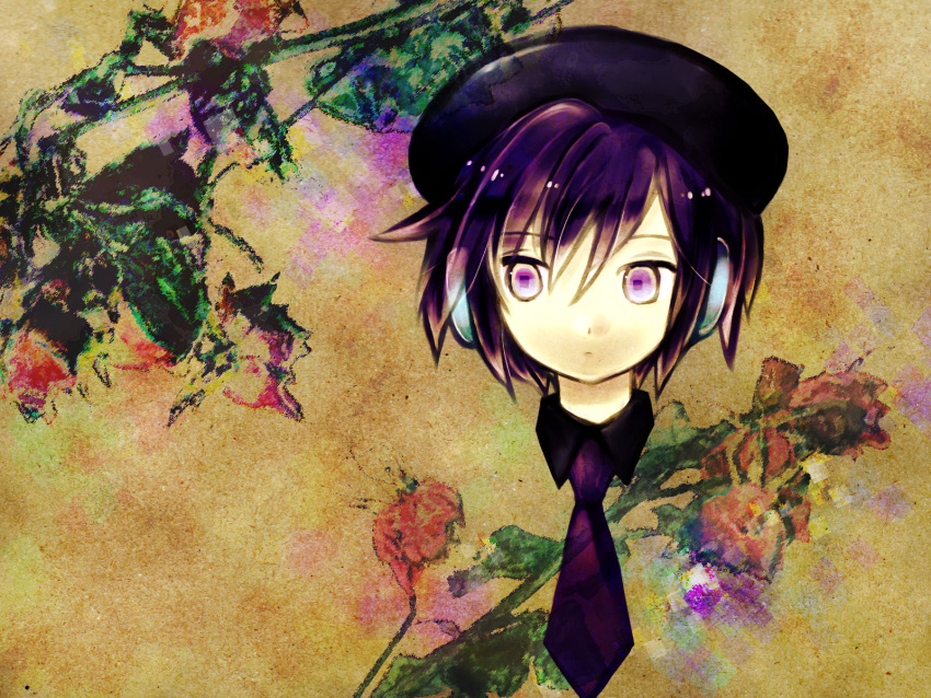 1girl beret black_headwear brown_background closed_mouth commentary_request cropped_head expressionless faux_traditional_media floral_background flower hat headphones highres necktie purple_hair purple_necktie red_flower short_hair sideways_glance solo square_pupils tsunoyomogi_amahashi utane_uta utau violet_eyes