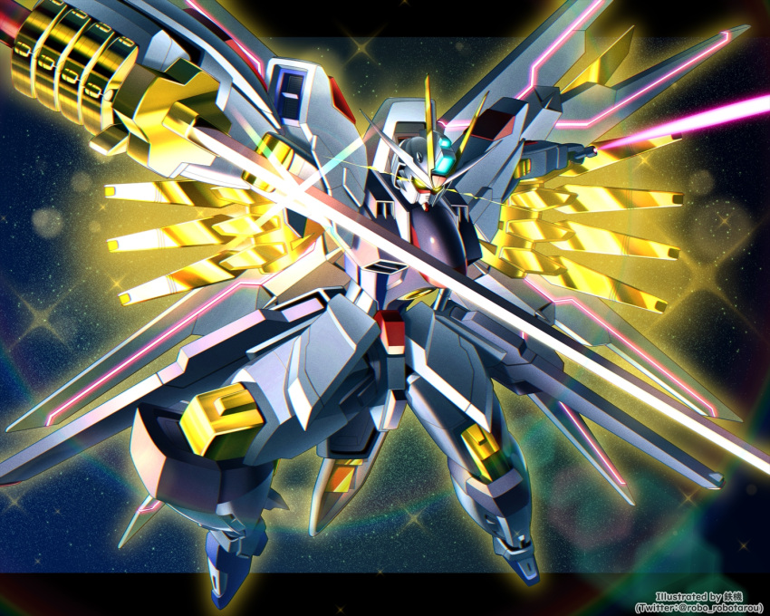 beam_saber check_commentary commentary_request dual_wielding energy_sword english_text gundam gundam_seed gundam_seed_destiny gundam_seed_freedom highres holding holding_sword holding_weapon katana light_particles looking_at_viewer mecha mighty_strike_freedom_gundam no_humans robo_robotarou robot science_fiction solo sparkle spoilers strike_freedom_gundam sword twitter_username v-fin weapon yellow_eyes
