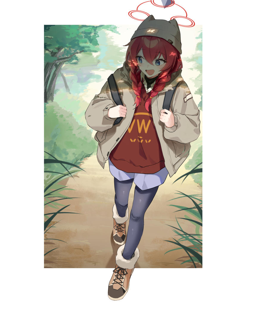 1girl absurdres beanie black_pantyhose blue_archive blue_eyes blush boots braid brown_footwear brown_headwear brown_jacket brown_shirt full_body fur-trimmed_boots fur_trim hair_between_eyes halo hat highres jacket long_hair long_sleeves maki_(blue_archive) maki_(camp)_(blue_archive) nonoa official_alternate_costume official_alternate_hairstyle open_clothes open_jacket open_mouth pantyhose purple_shorts red_halo redhead shirt shorts smile solo tree twin_braids walking