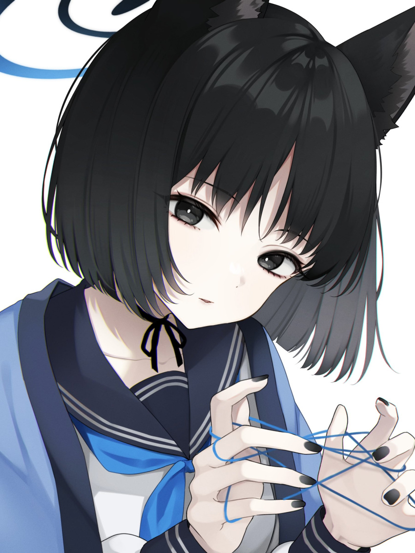 1girl absurdres animal_ear_fluff animal_ears black_eyes black_hair black_nails blue_archive blue_halo blue_neckerchief blue_sailor_collar cat's_cradle cat_ears commentary_request fingernails halo hands_up haori head_tilt highres japanese_clothes kikyou_(blue_archive) looking_at_viewer nail_polish neckerchief open_mouth sailor_collar sasakichi_(ssk_chi) shirt short_hair simple_background solo white_background white_shirt