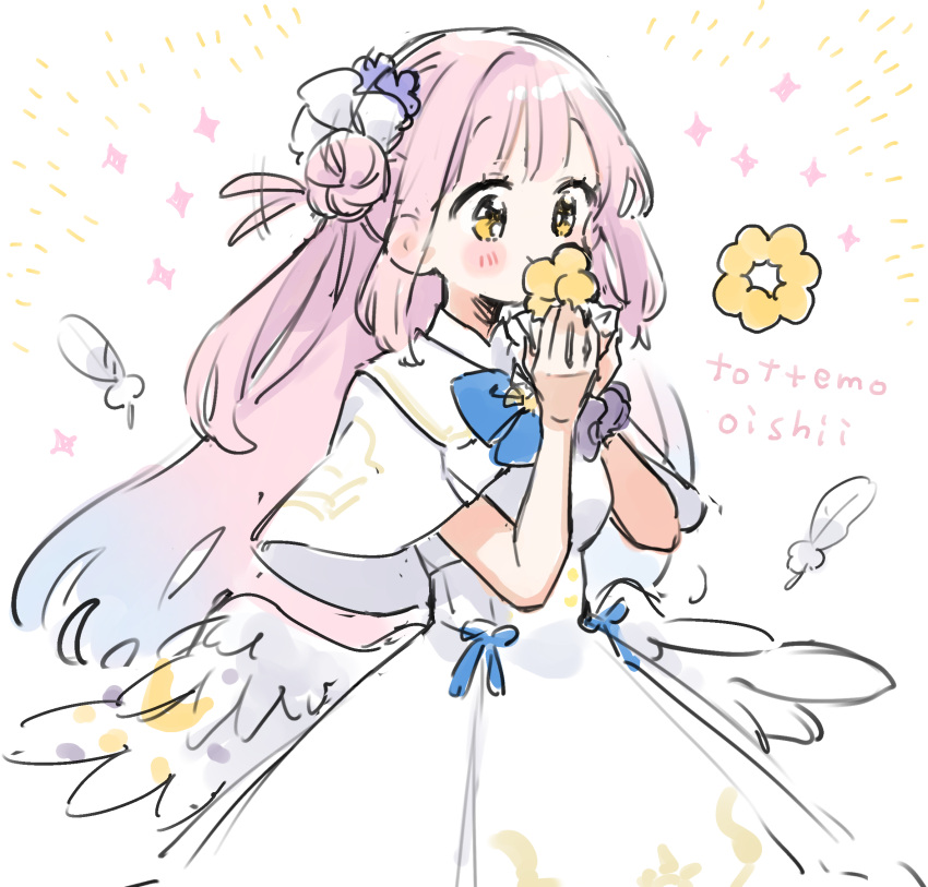 1girl blue_archive blue_bow blue_bowtie bow bowtie capelet commentary_request doughnut dress eating feathered_wings feathers food hair_bun hair_ornament hair_wagging hands_up highres holding holding_food kurihara_sakura long_hair low_wings mika_(blue_archive) no_halo pink_hair purple_scrunchie romaji_text scrunchie sidelocks simple_background single_side_bun solo sparkle white_background white_capelet white_dress white_feathers white_wings wings wrist_scrunchie yellow_eyes