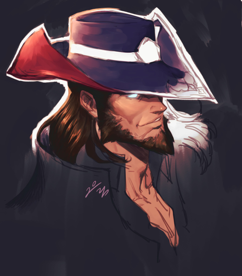 1boy absurdres adam's_apple bad_link beard black_background blending brown_facial_hair brown_hair facial_hair glowing glowing_eyes hat highres league_of_legends looking_ahead male_focus no_pupils parted_lips pectoral_cleavage pectorals scar scar_on_chest short_hair signature solo twisted-graves twisted_fate white_eyes