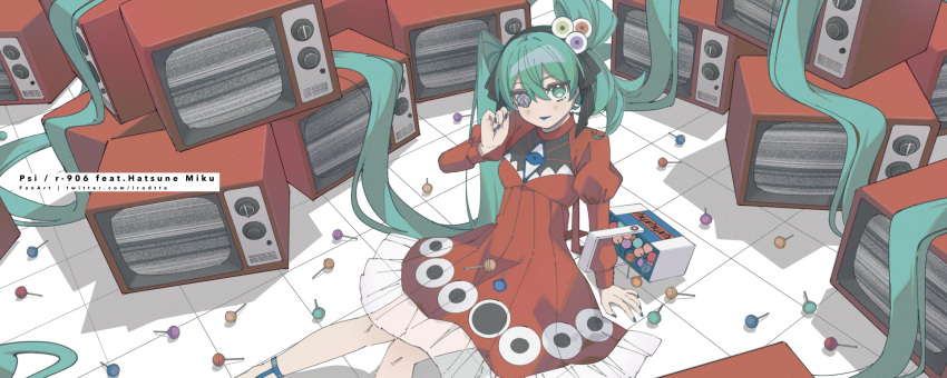 1girl absurdly_long_hair arm_support basket black_hairband blue_eyes blue_hair blue_nails blue_tongue candy character_name colored_tongue commentary_request crt dress eye_print eyeball_hair_ornament feet_out_of_frame folded_hair food from_above hairband hatsune_miku highres holding holding_candy holding_food holding_lollipop irodt juliet_sleeves light_blush lollipop long_hair long_sleeves looking_at_viewer on_floor one_eye_covered pigeon-toed print_dress psi_(vocaloid) puffy_sleeves red_dress shadow sitting smile solo song_name static television tile_floor tiles tongue tongue_out twintails uneven_twintails very_long_hair vocaloid web_address