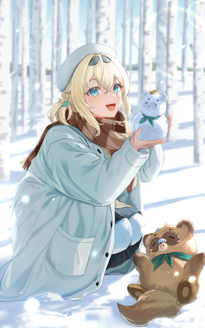 1girl :d absurdres almico alternate_hairstyle bare_tree beret black_skirt blonde_hair blue_eyes brown_scarf checkered_clothes checkered_scarf coat commentary_request crossed_bangs hair_between_eyes hair_ornament hat highres holding_snowman hololive kazama_iroha leaf_hair_ornament long_hair long_sleeves looking_at_viewer low_twintails open_clothes open_coat outdoors pants pokobee scarf short_twintails skirt sky smile snow snowing solo squatting tanuki teeth tree twintails upper_teeth_only virtual_youtuber white_coat white_headwear white_pants winter winter_clothes