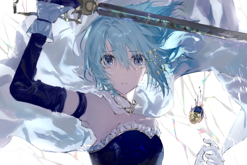 1girl absurdres blue_eyes blue_hair capelet crying crying_with_eyes_open facing_viewer gloves hair_between_eyes hair_ornament highres holding holding_sword holding_weapon looking_at_viewer magical_girl mahou_shoujo_madoka_magica mahou_shoujo_madoka_magica_(anime) miki_sayaka musical_note musical_note_hair_ornament parted_lips short_hair solo soul_gem sword tears upper_body water weapon white_capelet white_gloves wide-eyed yaxi4n