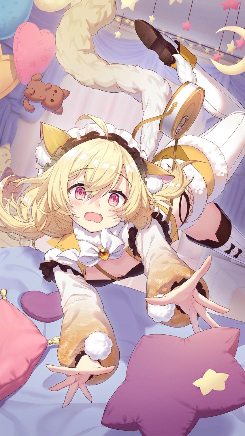 1girl ahoge animal_ear_fluff animal_ears bed blonde_hair blush bow bowtie breasts brown_footwear cat_ears cat_tail cleavage_cutout clothing_cutout crescent cushion fallen_down foot_out_of_frame frilled_hairband frills girl_cafe_gun hairband highres indoors kaanal_scott leg_up long_hair long_sleeves low_twintails official_art open_hand open_mouth outstretched_arms outstretched_hand pink_eyes puffy_long_sleeves puffy_sleeves small_breasts solo square_mouth star_ornament striped_clothes striped_thighhighs stuffed_animal stuffed_cat stuffed_toy tail thigh-highs twintails vertical-striped_clothes vertical-striped_thighhighs white_bow white_bowtie white_hairband white_thighhighs