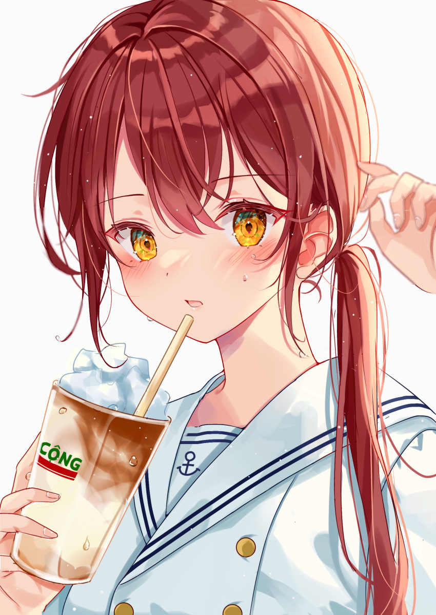 1girl absurdres anchor_print axis_powers_hetalia blurry blush brown_hair buttons cup depth_of_field disposable_cup double-breasted drink drinking_straw fingernails hair_over_shoulder hands_up highres holding holding_cup hot light_particles long_hair looking_at_viewer redhead riri5937 sailor_collar shirt side_ponytail solo sweat upper_body vietnam_(hetalia) white_shirt yellow_eyes