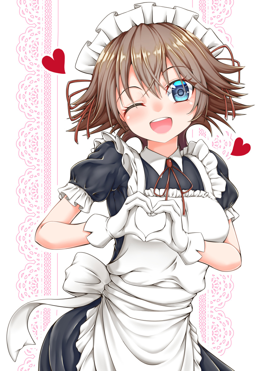 1girl absurdres alternate_costume apron black_dress blue_eyes brown_eyes commentary_request dress enmaided flipped_hair frilled_apron frilled_dress frills gloves heart heart_hands hiei_(kancolle) highres kantai_collection maid maid_headdress oohashi_yanta open_mouth round_teeth smile solo teeth upper_teeth_only white_apron white_gloves