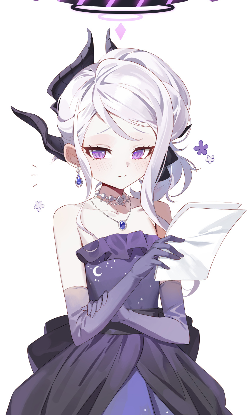 1girl absurdres black_horns blue_archive blush closed_mouth collarbone commentary demon_horns dress elbow_gloves gloves halo highres hina_(blue_archive) hina_(dress)_(blue_archive) holding holding_paper horns jewelry long_hair looking_at_viewer multiple_horns necklace official_alternate_costume paper pendant purple_dress purple_gloves seizou_hidzuke simple_background solo strapless strapless_dress violet_eyes white_background white_hair