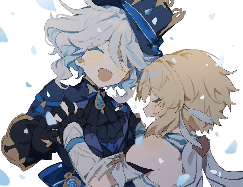 2girls :d ^_^ ascot bare_shoulders black_ascot black_gloves blonde_hair blue_hair blue_headwear blush brooch closed_eyes commentary_request detached_sleeves facing_another furina_(genshin_impact) genshin_impact gloves hair_between_eyes hat holding_hands inagoinaire jewelry long_sleeves lumine_(genshin_impact) multicolored_hair multiple_girls open_mouth partial_commentary scarf short_hair short_hair_with_long_locks simple_background smile streaked_hair top_hat two-tone_hair u_u upper_body white_background white_hair white_scarf yuri