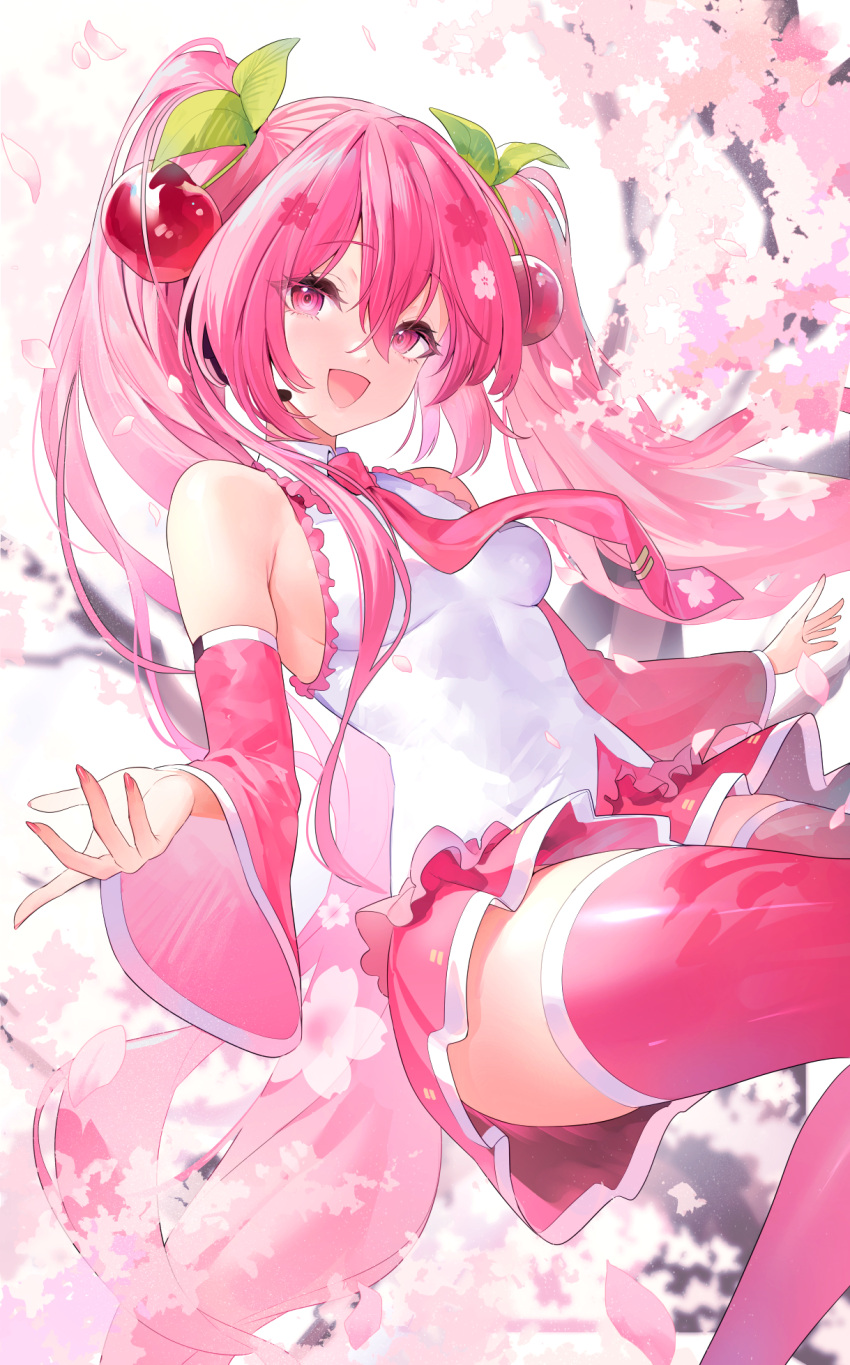 1girl armpit_peek cherry_blossom_background cherry_blossom_print cherry_blossoms cherry_hair_ornament commentary floral_print food-themed_hair_ornament frilled_shirt frills hair_between_eyes hair_ornament hatsune_miku highres hoojiro leaf_hair_ornament long_hair looking_at_viewer necktie open_mouth pink_eyes pink_hair pink_necktie pink_skirt pink_sleeves pink_theme pink_thighhighs sakura_miku shirt skirt smile solo thigh-highs twintails vocaloid white_shirt