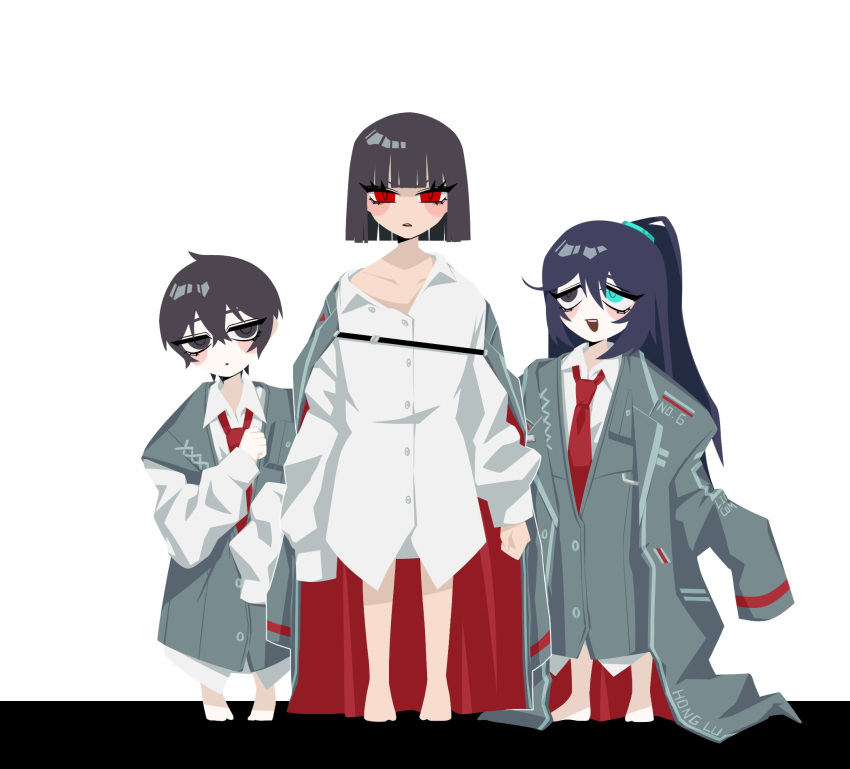 aged_down black_coat black_eyes black_hair black_vest blue_eyes blue_hair blue_hairband bob_cut bottomless coat coat_on_shoulders collared_shirt commentary_request hairband heterochromia high_ponytail highres hong_lu_(project_moon) limbus_company long_hair necktie no_710 open_clothes open_coat oversized_clothes project_moon red_eyes red_necktie ryoshu_(project_moon) shirt short_hair simple_background vest white_background white_shirt yi_sang_(project_moon)