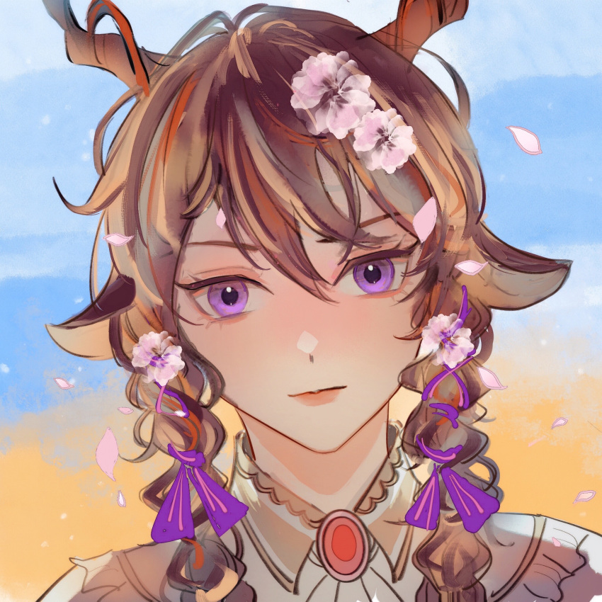 animal_ears arknights beach blue_sky braid brown_hair character_request check_character closed_mouth collared_shirt commentary_request day ebenholz_(arknights) flower hair_between_eyes hair_flower hair_ornament hair_ribbon highres honeywilde horns long_hair looking_at_viewer outdoors petals pink_flower portrait purple_ribbon ribbon sand shirt sky smile solo twin_braids upper_body violet_eyes water white_shirt