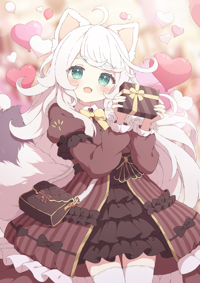 1girl :d animal_ears balloon brown_dress commission cowboy_shot dress fox_ears fox_girl fox_tail gift green_eyes heart_balloon highres holding holding_gift open_mouth original skeb_commission smile solo tail thigh-highs tyakomes variant_set white_hair white_thighhighs