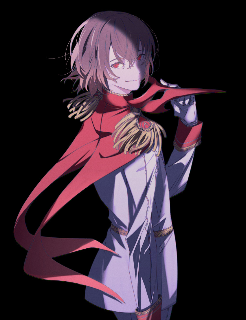 1boy absurdres akechi_gorou black_background brown_hair closed_mouth from_side gloves hair_between_eyes highres holding holding_mask looking_at_viewer male_focus mask persona persona_5 red_eyes rituka short_hair sidelighting smile solo standing unworn_mask upper_body white_gloves
