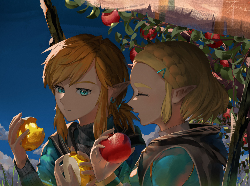 1boy 1girl apple apple_tree black_capelet blonde_hair blue_eyes blue_sky braid capelet champion's_tunic_(zelda) closed_mouth commentary_request crown_braid earrings eating food fruit golden_apple hair_ornament hairclip highres holding holding_food holding_fruit hood hood_down hooded_capelet jewelry link long_sleeves looking_at_another medium_hair outdoors parted_bangs pointy_ears princess_zelda red_apple short_hair short_ponytail signature sky smile the_legend_of_zelda the_legend_of_zelda:_tears_of_the_kingdom tree tsujieiri