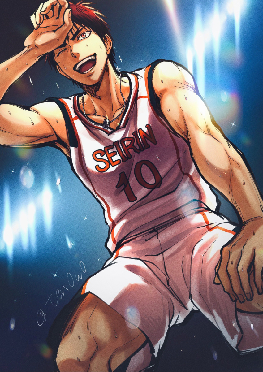 1boy absurdres artist_name basketball_uniform blurry blurry_background collarbone forked_eyebrows from_below hand_on_own_knee highres jersey jewelry kagami_taiga kuroko_no_basuke lights male_focus necklace one_eye_closed open_mouth redhead shorts sleeveless solo sportswear sweat ten0u0 twitter_username wiping_forehead