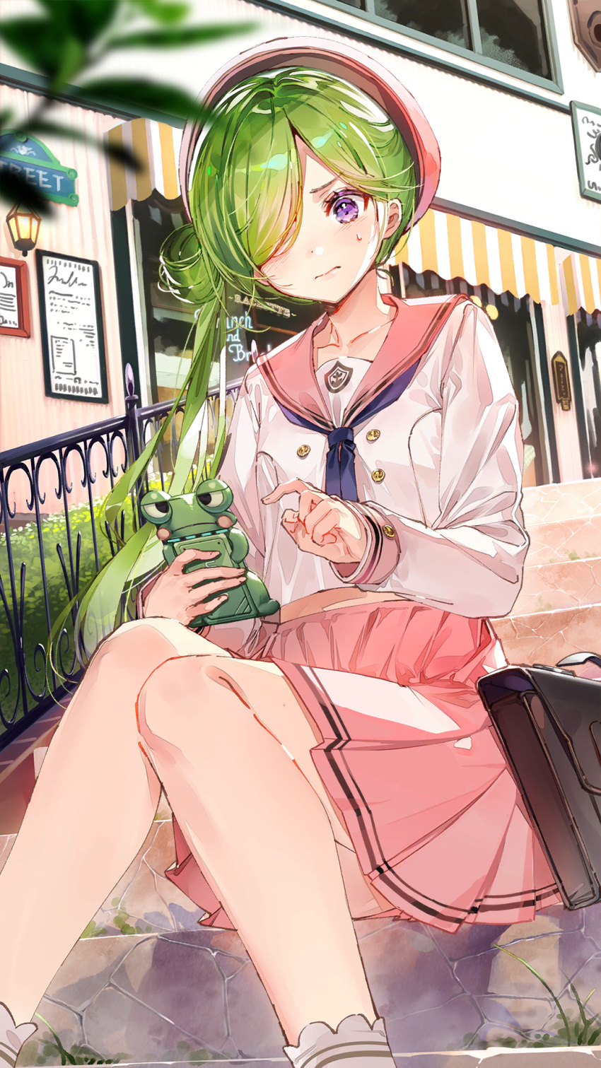 1girl ankle_socks beret blue_neckerchief briefcase cellphone feet_out_of_frame girl_cafe_gun green_hair hair_over_one_eye hand_up hat highres holding holding_phone knees_together_feet_apart long_hair looking_at_phone midriff miniskirt neckerchief nie_shirou_(girl_cafe_gun) official_art one_eye_covered outdoors phone pink_headwear pink_sailor_collar pleated_skirt railing sailor_collar school_briefcase school_uniform serafuku shirt side_ponytail single_hair_ring sitting sitting_on_stairs skirt smartphone socks solo stairs sweat v-shaped_eyebrows wavy_mouth white_shirt white_socks