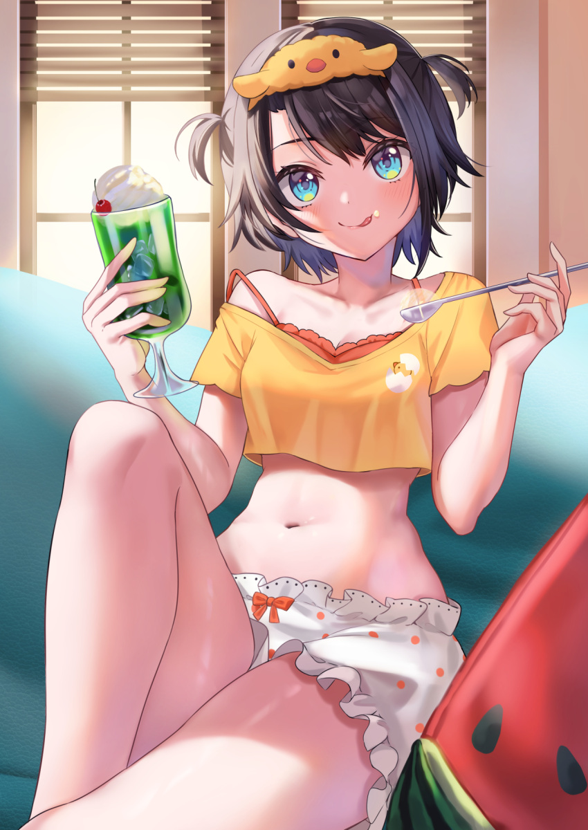 1girl aqua_eyes arenoyoni bloomers brown_hair crop_top food food_on_face highres hololive ice_cream ice_cream_float ice_cream_spoon licking_lips looking_at_viewer midriff navel oozora_subaru oozora_subaru_(loungewear) short_hair sitting solo spoon strap_slip thighs tongue tongue_out two_side_up virtual_youtuber