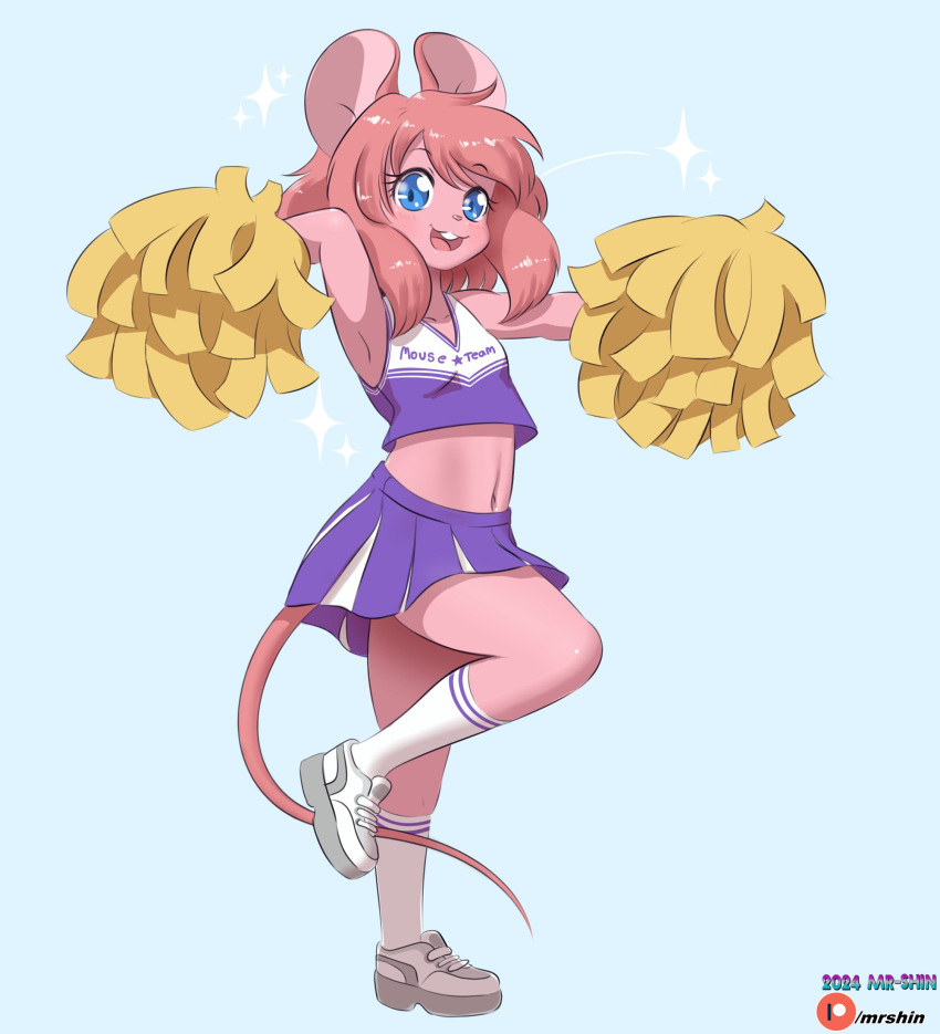1girl animal_ears animal_nose armpits arms_up artist_name blue_background blue_eyes borrowed_character breasts cheerleader full_body furry furry_female highres kneehighs leg_up legs midriff miniskirt mouse_ears mouse_girl mouse_girl_(yuuki_(yuyuki000)) mouse_tail navel open_mouth original patreon_logo pink_hair pleated_skirt pom_pom_(cheerleading) purple_shirt purple_skirt shirt shoes short_hair simple_background skirt sleeveless sleeveless_shirt small_breasts smile socks solo standing standing_on_one_leg tail themistershin thighs watermark white_footwear white_socks