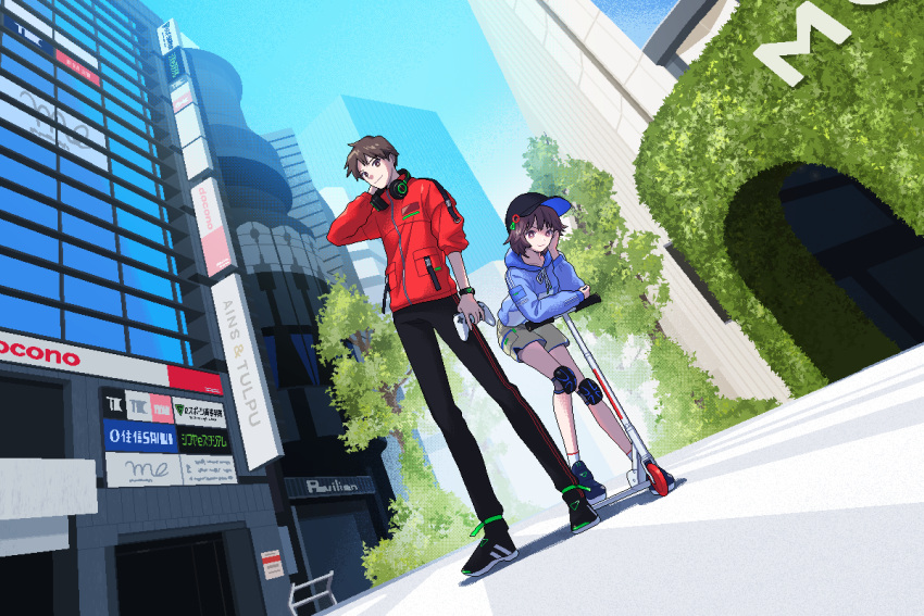 1boy 1girl black_headwear black_pants blue_jacket blue_sky bright_pupils building city controller day dithering esports_koto_gakuin full_body game_controller hat head_rest headphones headphones_around_neck highres holding holding_controller holding_game_controller jacket kick_scooter knee_pads leaning_forward looking_at_viewer narume official_art outdoors pants pixel_art red_jacket scenery shoes short_shorts shorts sign sky skyscraper smile standing tree violet_eyes white_pupils
