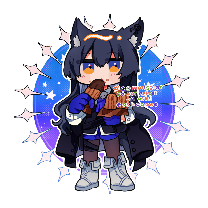 1girl animal_ear_fluff animal_ears arknights black_hair black_pantyhose blue_background blue_eyes blue_gloves blue_necktie blue_shorts blush_stickers boots buttoned_cuffs chibi churro collared_shirt commission crumbs diamond_(shape) eating food gloves hair_between_eyes highres holding holding_food long_hair long_sleeves looking_at_viewer necktie orange_eyes pantyhose shirt short_shorts shorts sidelocks simple_background solo sshooooe straight_hair surgeon_cuffs tail texas_(arknights) texas_the_omertosa_(arknights) two-tone_background two-tone_eyes white_background white_footwear white_shirt wolf_ears wolf_girl wolf_tail