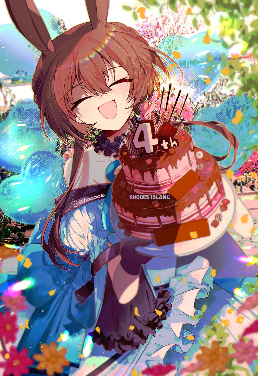 1girl :d absurdres amiya_(arknights) animal_ears anniversary arknights bare_shoulders black_choker black_gloves blue_shirt blue_skirt blurry blurry_foreground blush brown_hair cake chocolate_cake choker closed_eyes collarbone cowboy_shot day dutch_angle facing_viewer falling_leaves flower food frilled_choker frills gloves hair_between_eyes heart highres holding holding_plate leaf long_hair low_twintails off-shoulder_shirt off_shoulder open_mouth orange_flower outdoors pink_flower plant plate pleated_skirt rabbit_ears rabbit_girl shirt sidelocks skirt smile solo sshooooe tree twintails