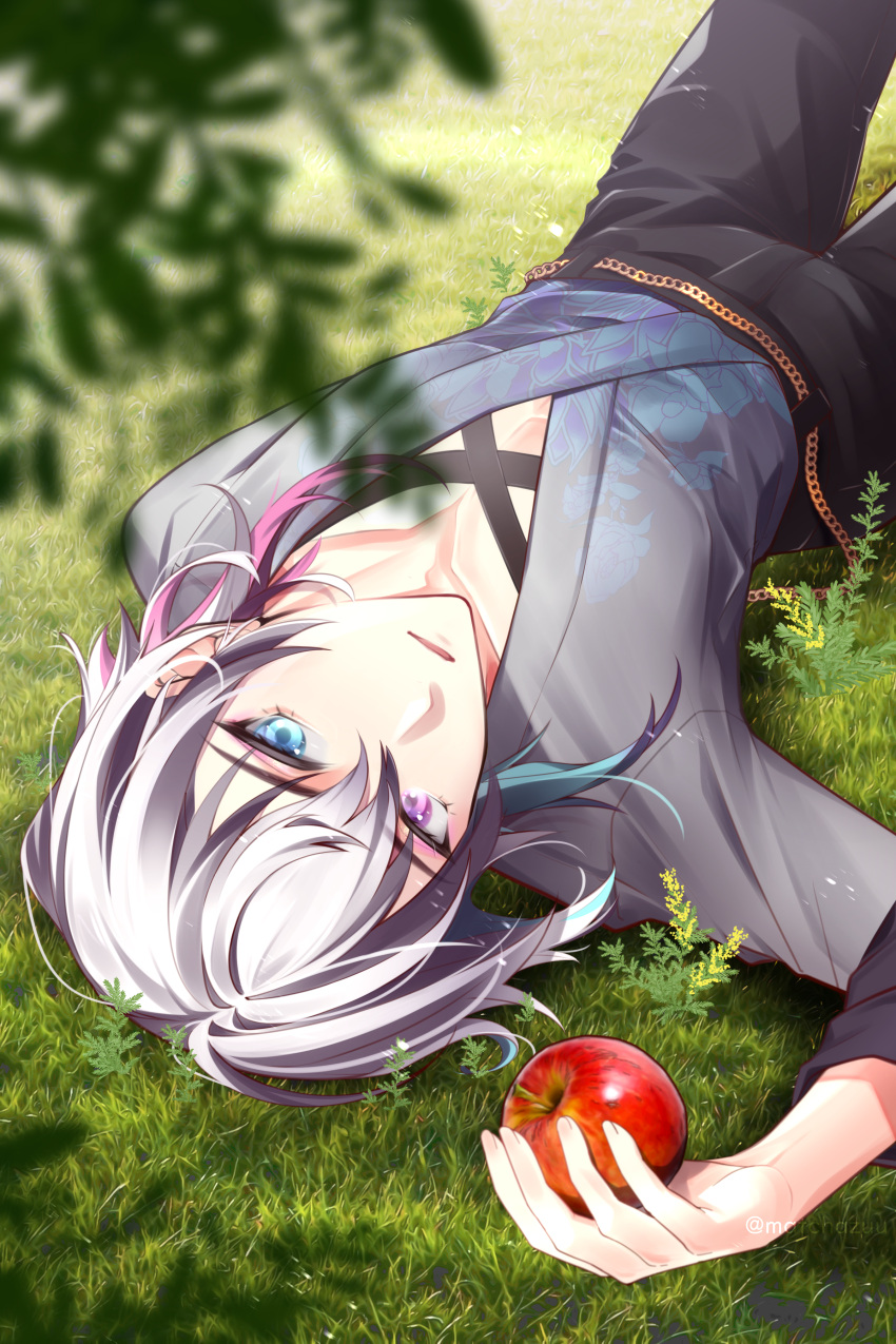 1boy absurdres apple aztree black_pants blue_eyes blue_hair english_commentary food fruit gavis_bettel grey_hair hair_between_eyes heterochromia highres holding holding_food holding_fruit holostars holostars_english knee_up looking_at_viewer lying male_focus multicolored_hair on_back on_grass outdoors pale_skin pants parted_lips pink_eyes pink_hair red_apple solo upper_body upside-down virtual_youtuber