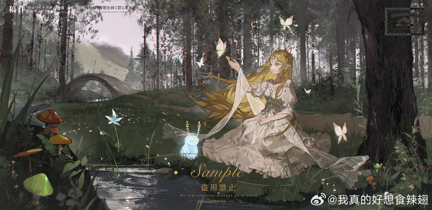 1girl akihare bare_shoulders blonde_hair bug butterfly chinese_commentary circlet closed_mouth clouds cloudy_sky commentary_request dress forest frilled_dress frills full_body gold_necklace grass green_eyes hand_on_lap highres jewelry kneeling long_dress long_hair mushroom nature necklace off-shoulder_dress off_shoulder outdoors outstretched_arm path pointy_ears princess_zelda puffy_short_sleeves puffy_sleeves ribbon-trimmed_dress sample_watermark shawl short_sleeves sky smile solo stream the_legend_of_zelda the_legend_of_zelda:_breath_of_the_wild very_long_hair watermark weibo_logo weibo_username white_butterfly white_dress white_shawl white_sleeves